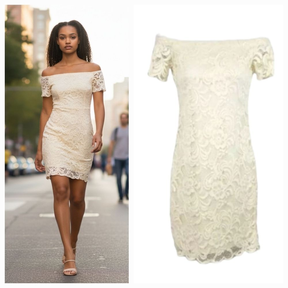 Ambiance Lace Bardot Off the Shoulder Mini Dress in Ivory Size Small